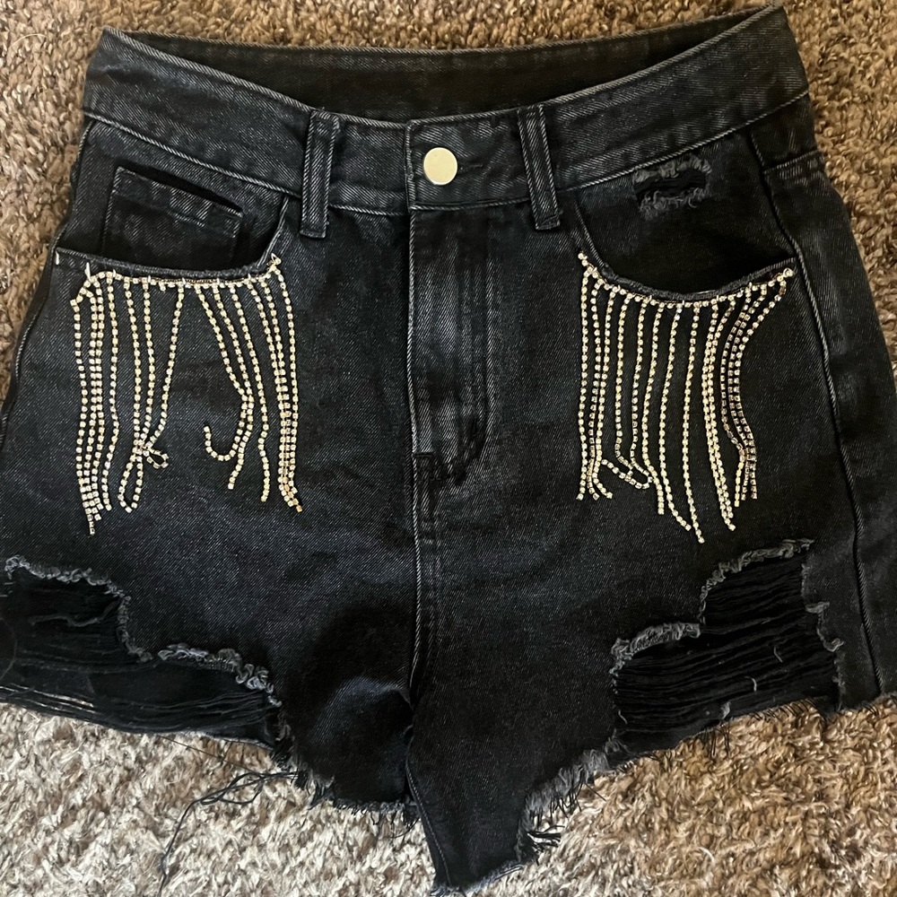 Black Denim Shorts with Rhinestone Fringe